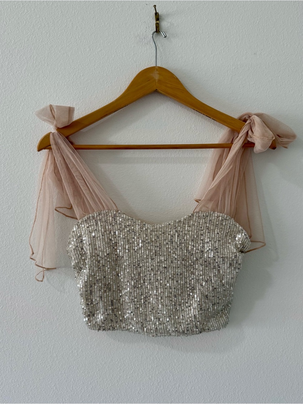 Altar'd State Silver Sequin Crop Top NWT Tulle Tie Shoulder M Champange Festival